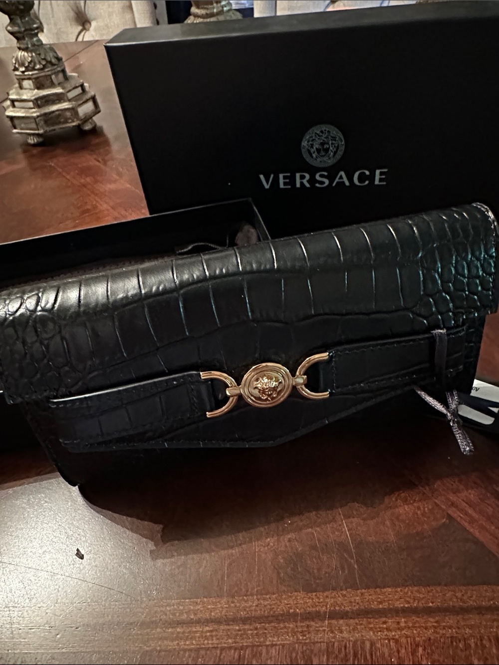 Versace Black Croc-Embossed Leather Clutch with Gold Medusa Hardware